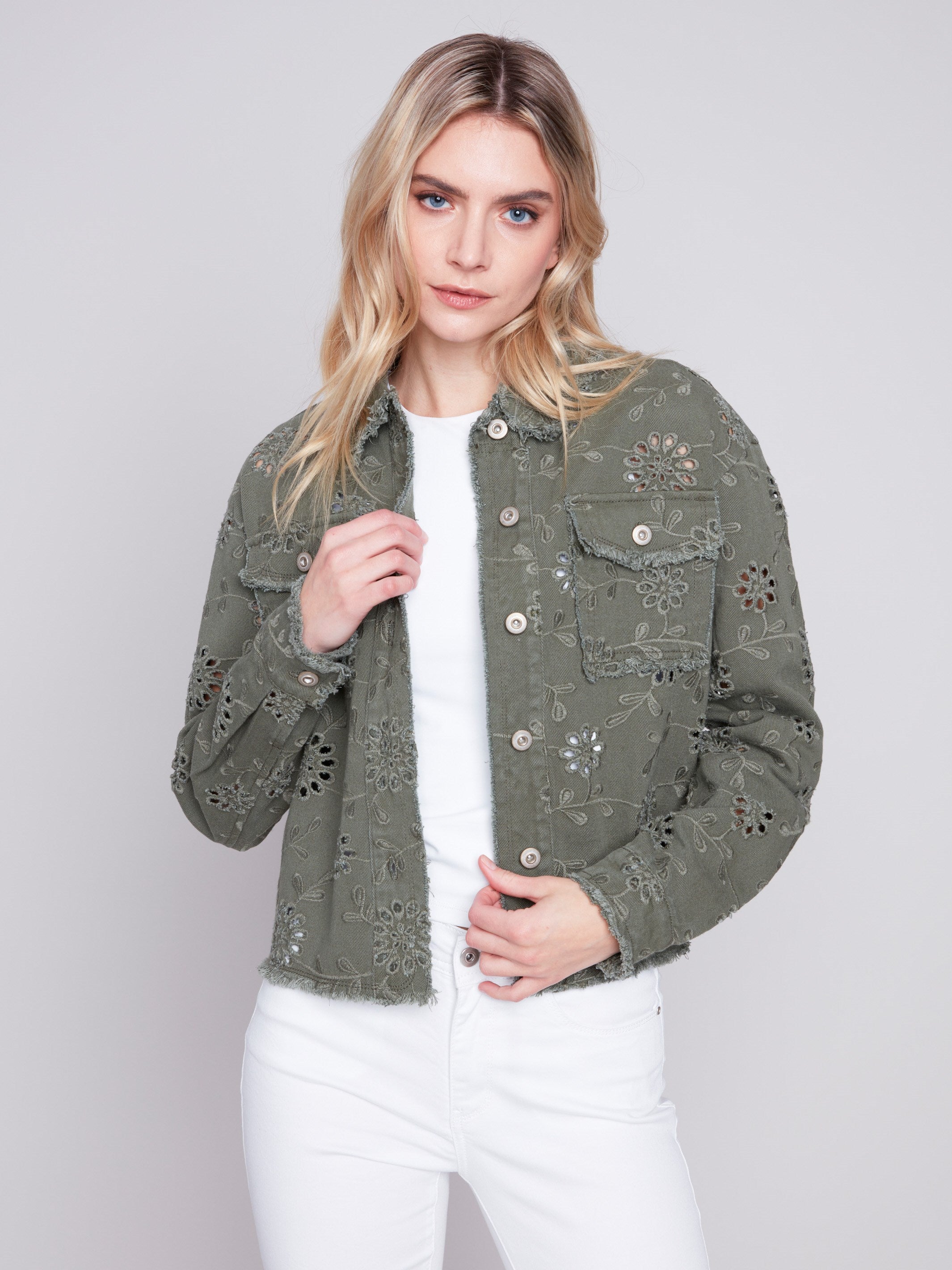 Charlie B Embroidered Eyelet Denim Jacket - Celadon - Image 1