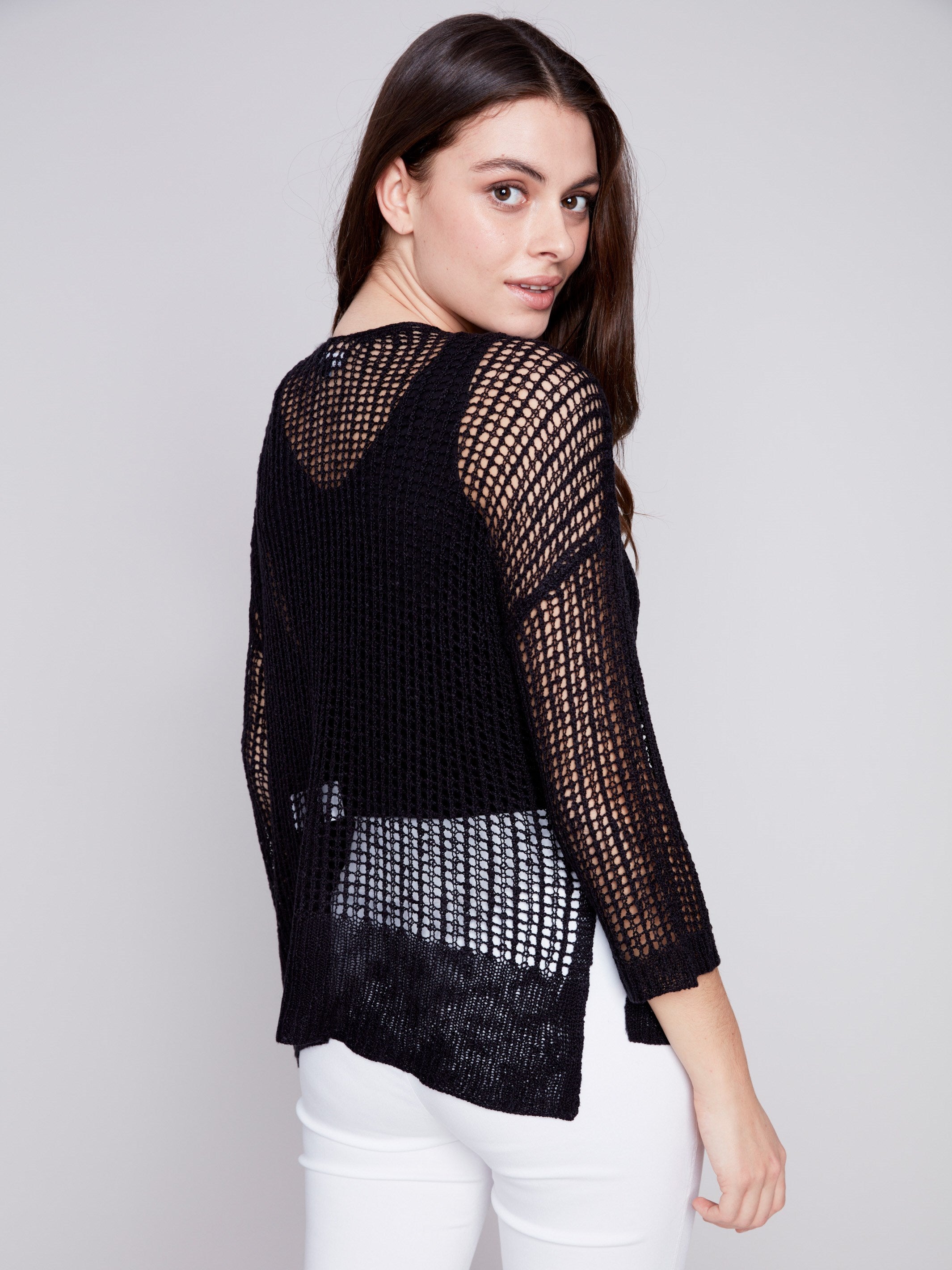 Charlie B Fishnet Crochet Sweater - Black - Image 2