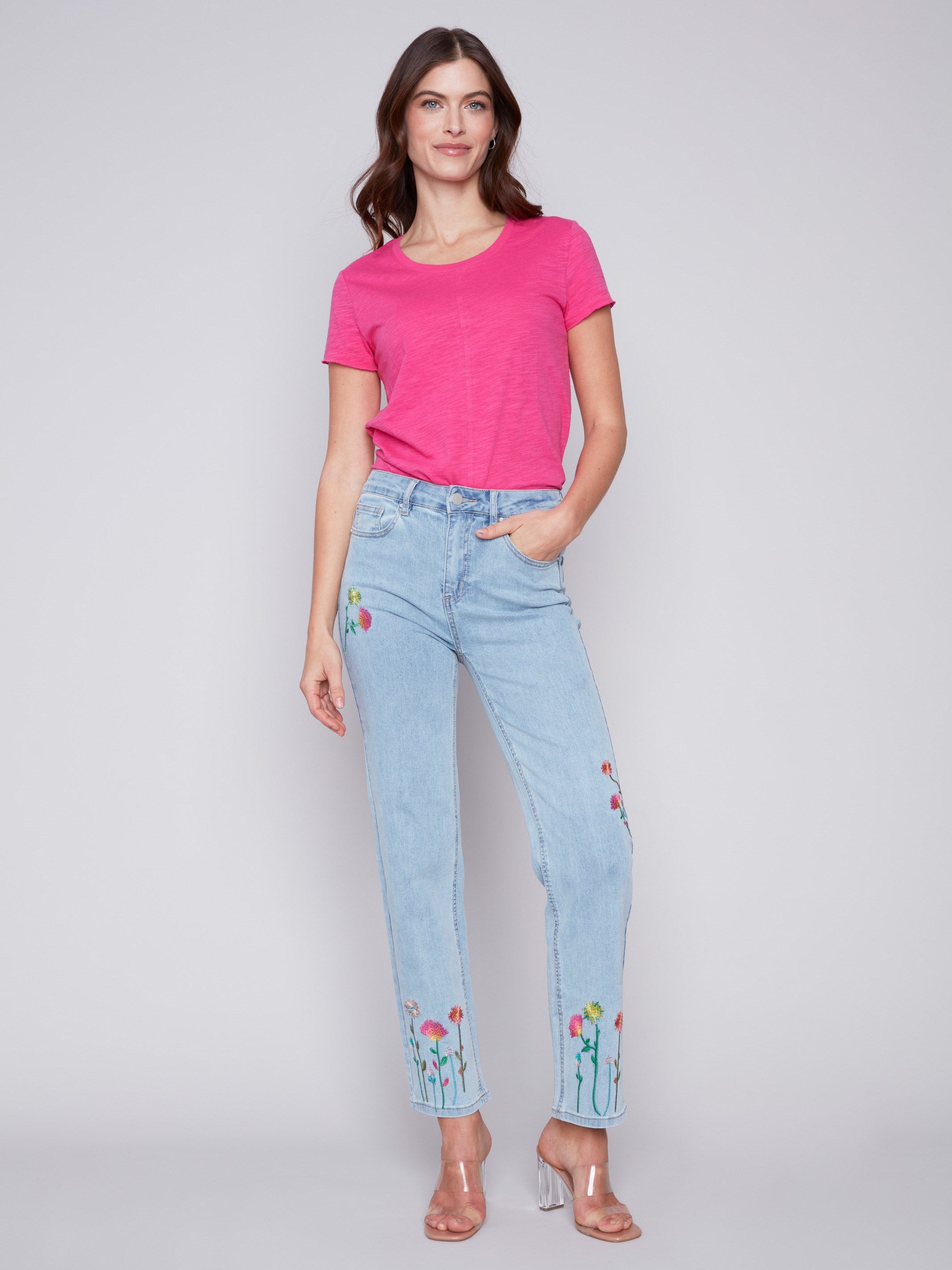 Charlie B Floral Embroidered Jeans - Bleach Blue - Image 1