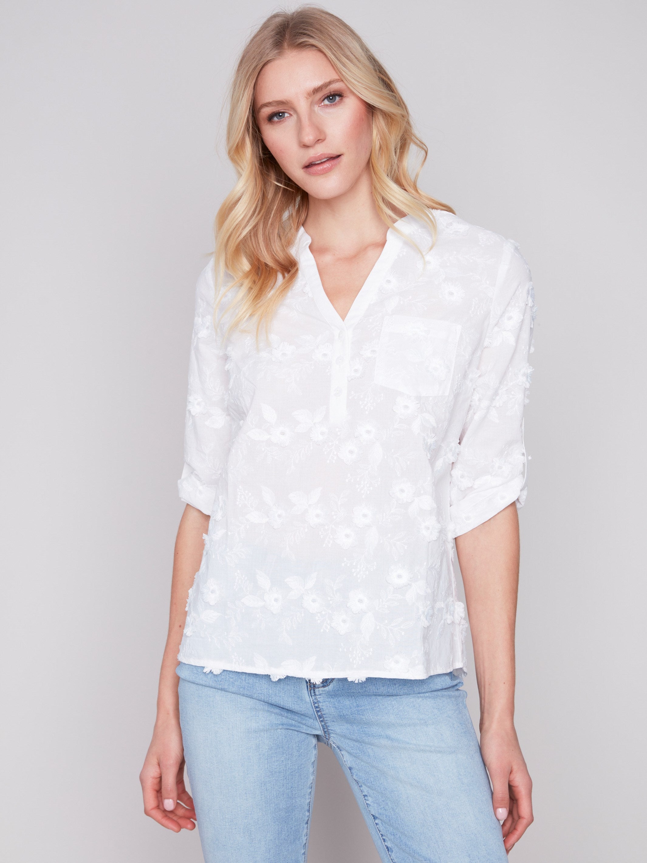 Charlie B Half-Button Embroidered Cotton Blouse - White - Image 4