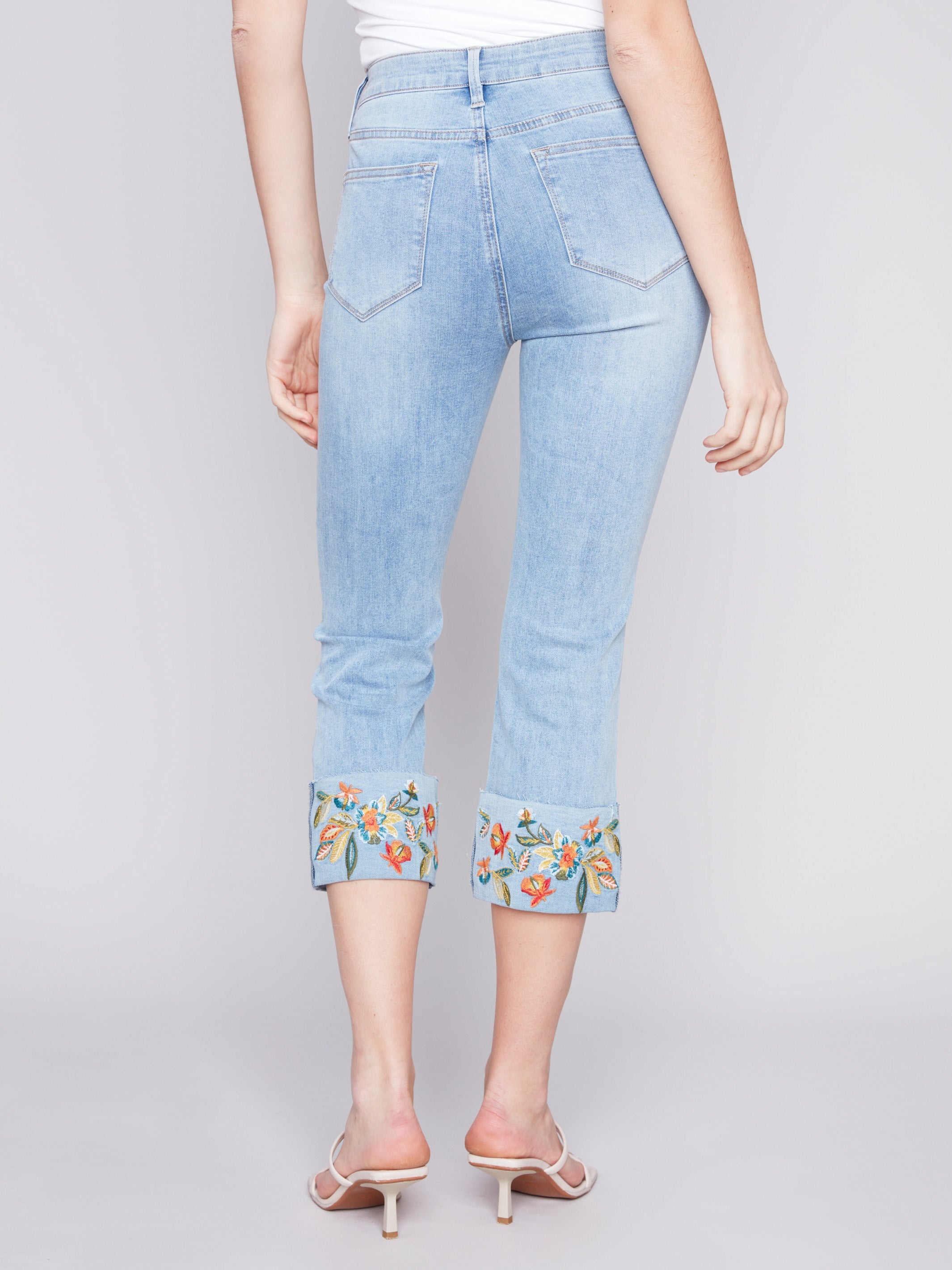 Charlie B Cropped Jeans with Embroidered Cuff - Light Blue - Image 3