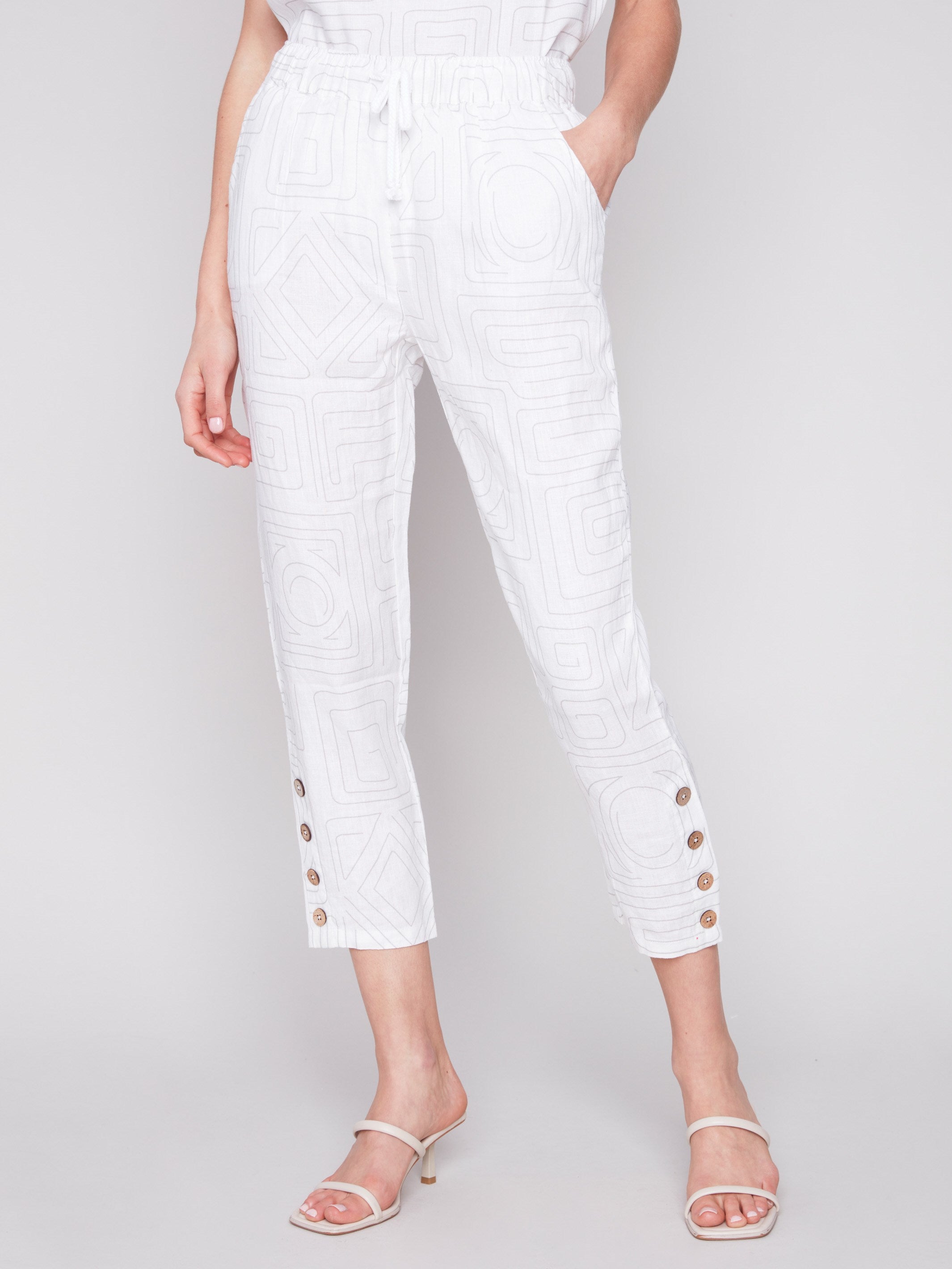 Charlie B Linen Jogger Pants with Button Detail - Light Grey - Image 2