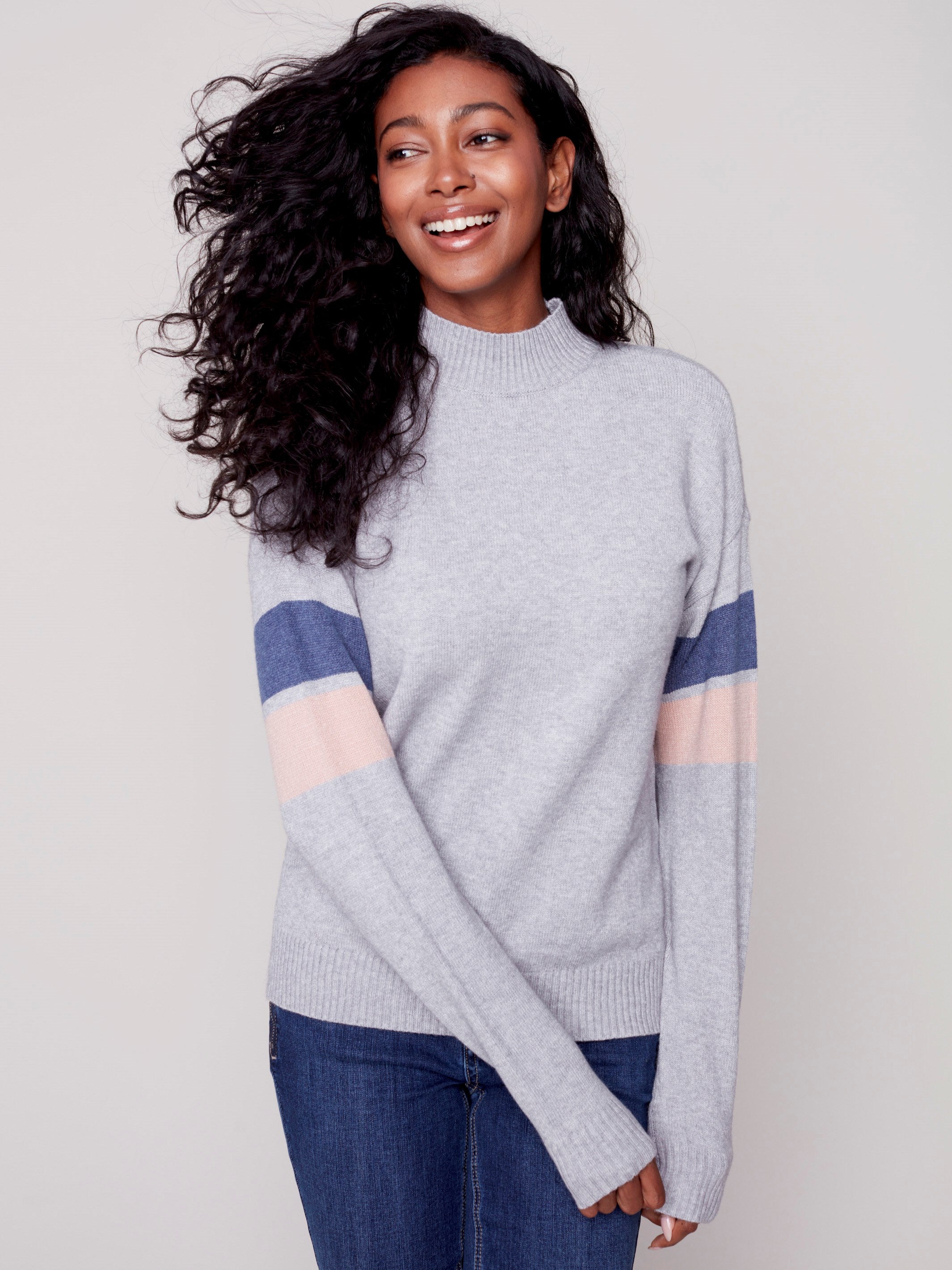 Women s Mock Neck Sweater Smiley Gray Charlie B Charlie B