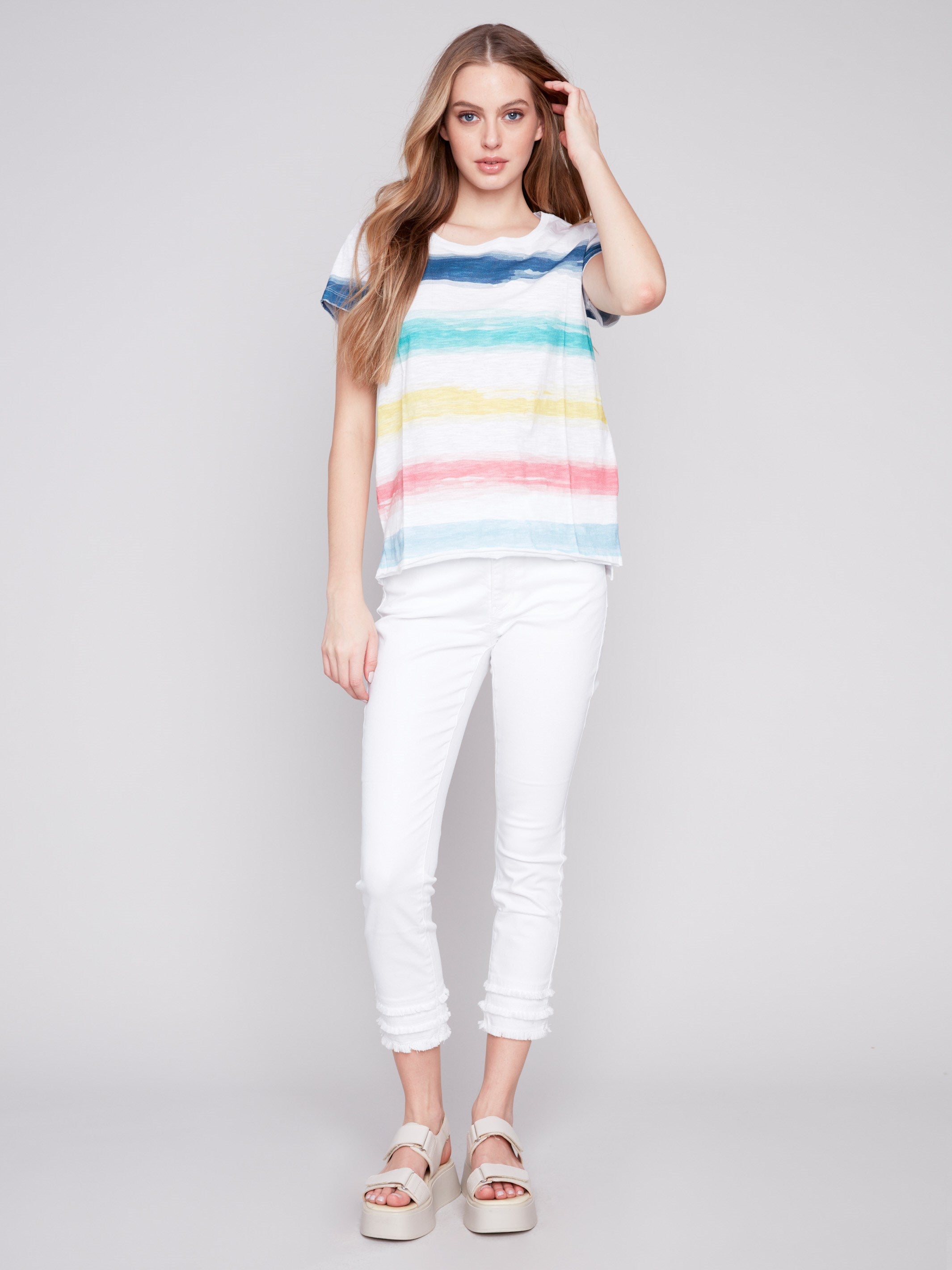 Printed Cotton Slub Knit T-Shirt - Stripes