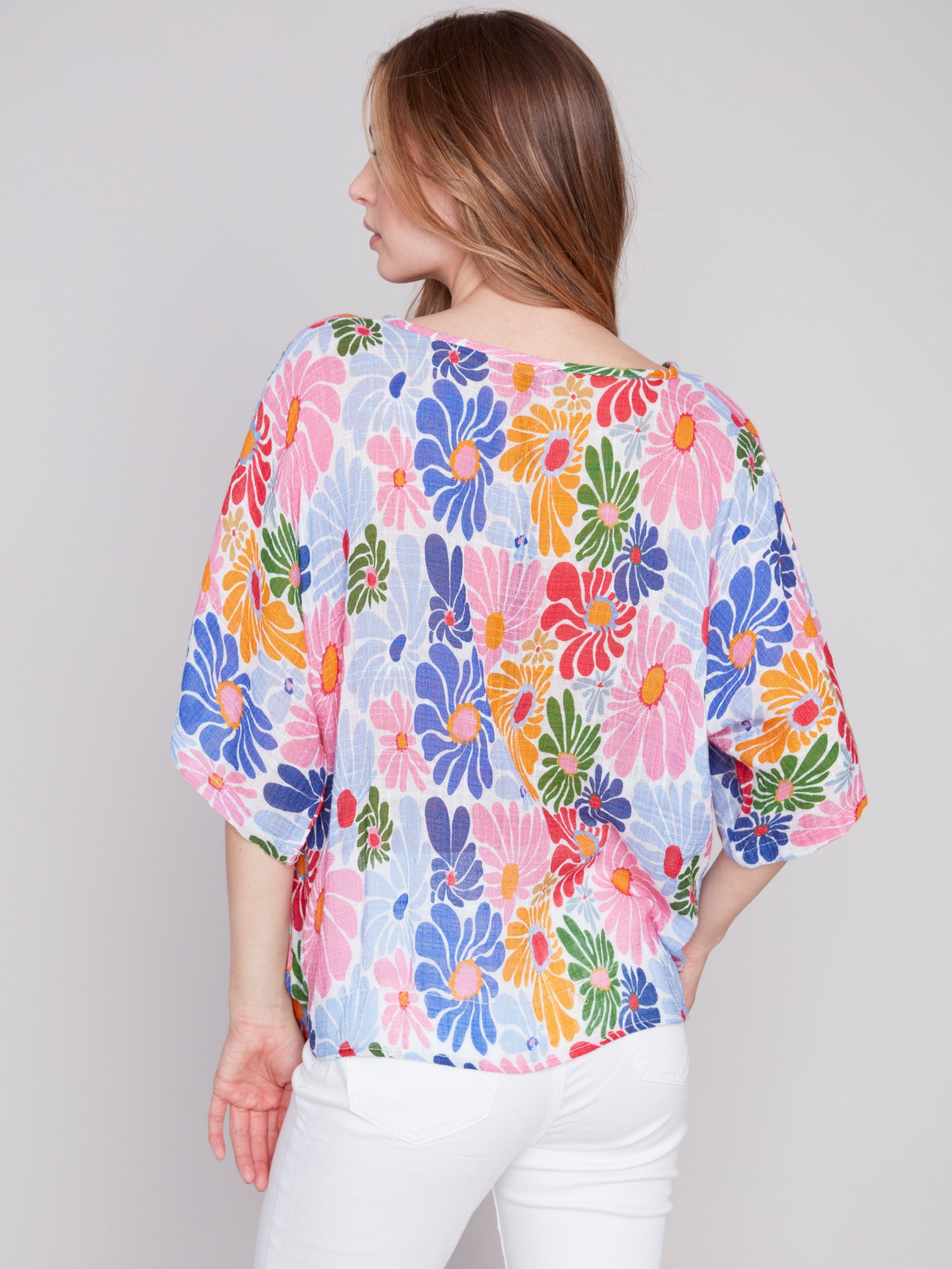 Printed Cotton Gauze Blouse with Side Tie - Multicolor