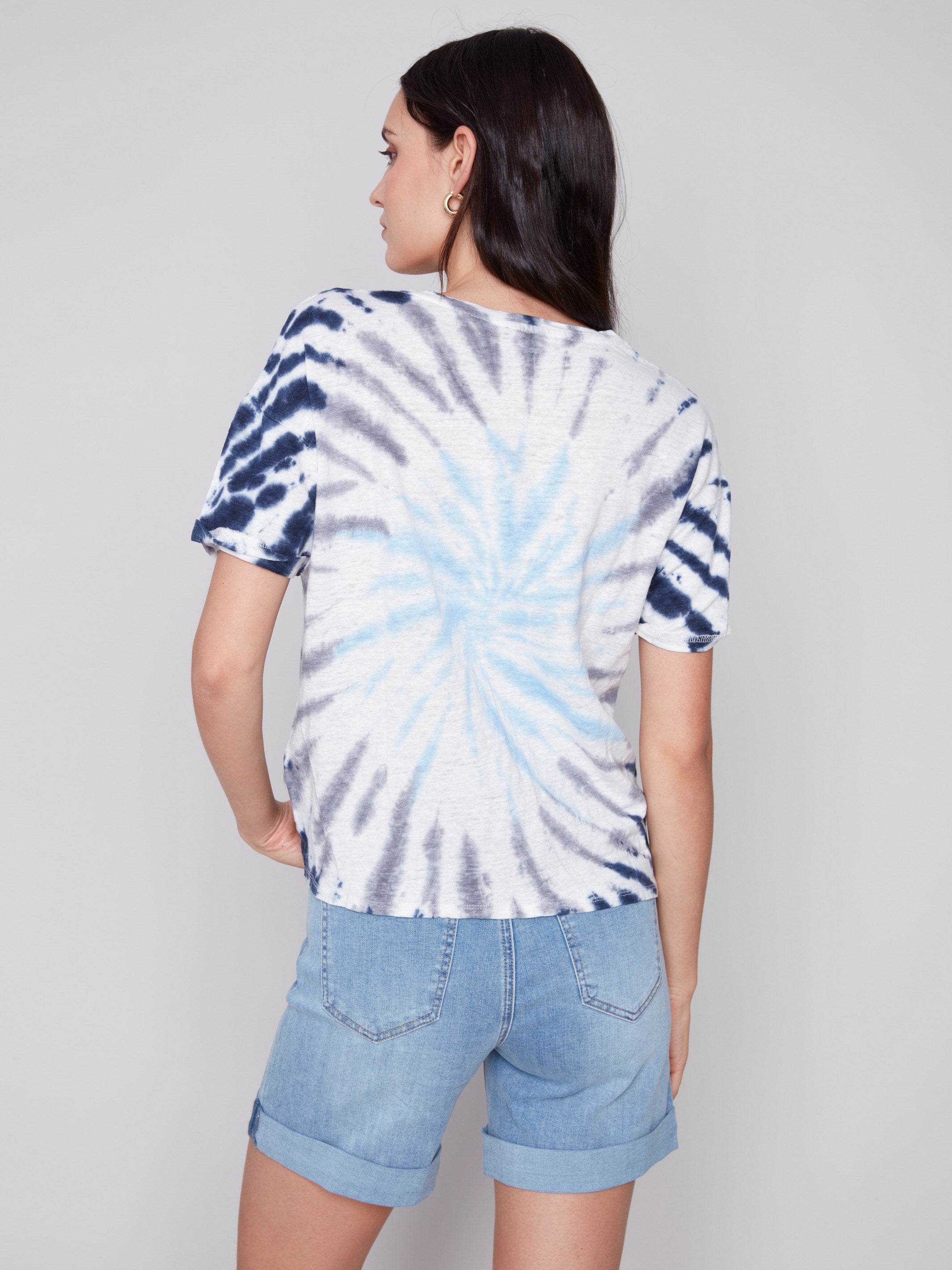 Printed Linen Top with Front Twist Knot - Sky