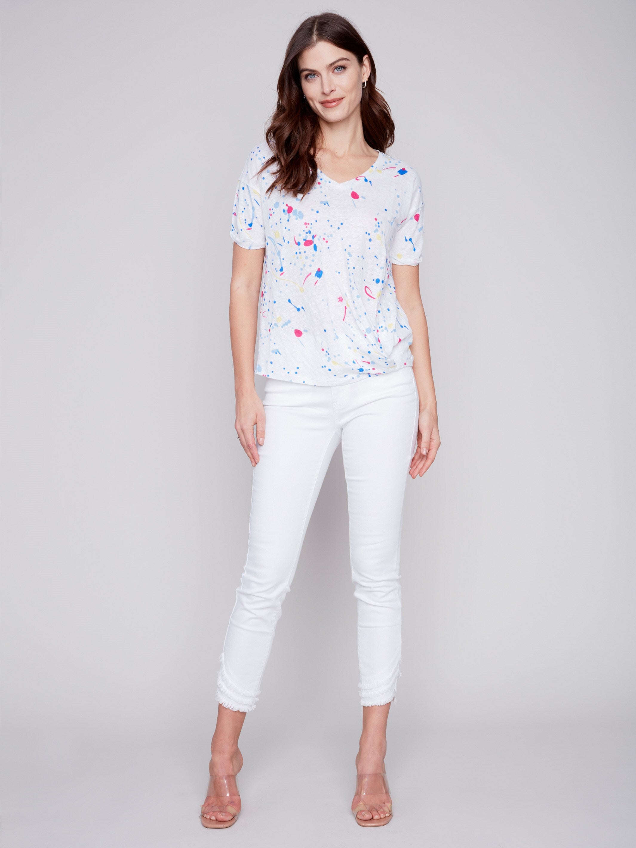 Charlie B Printed Linen Top With Front Twist Knot - Splash - Image 6