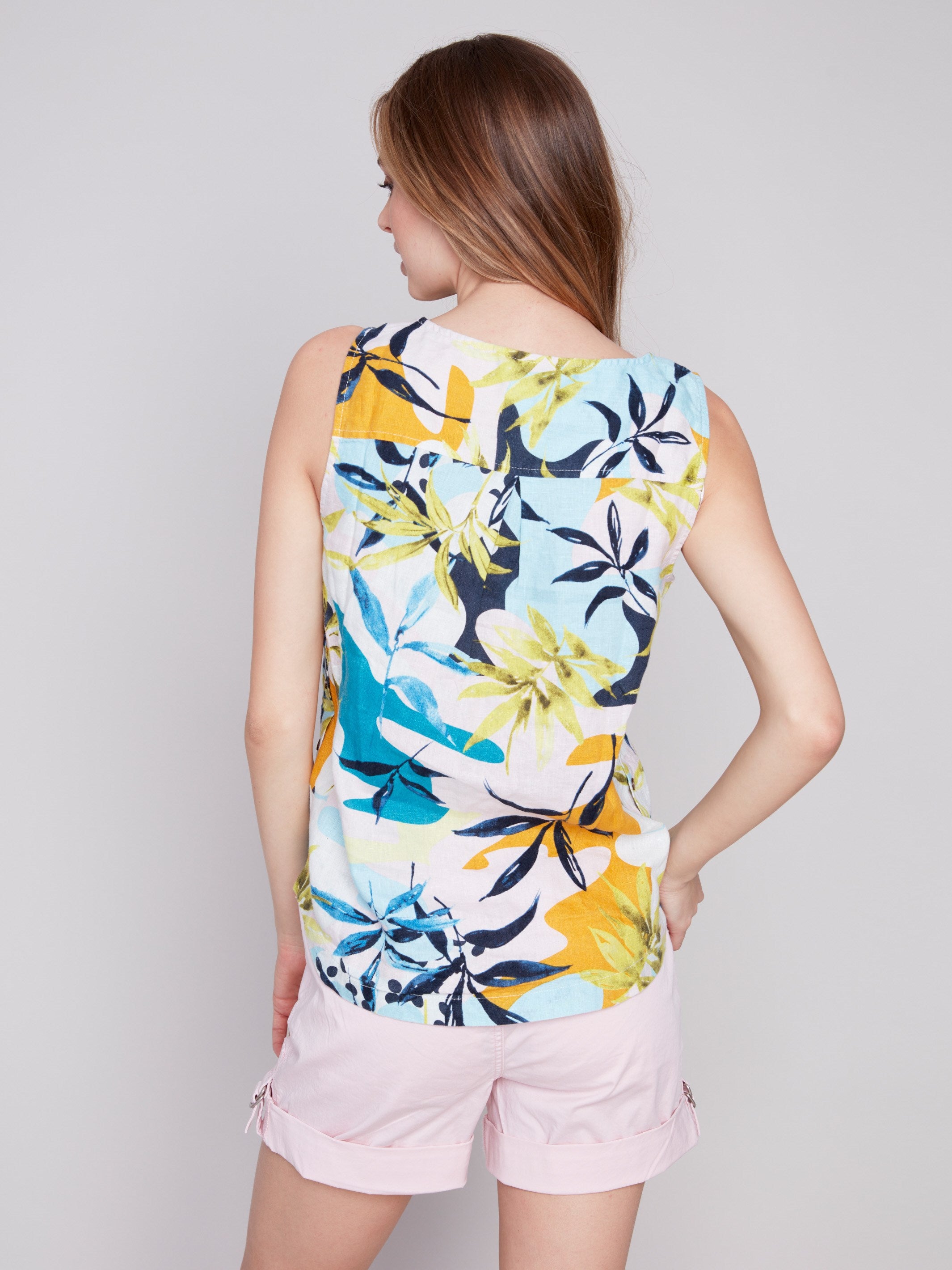 Printed Linen Top with Side Button - Resort