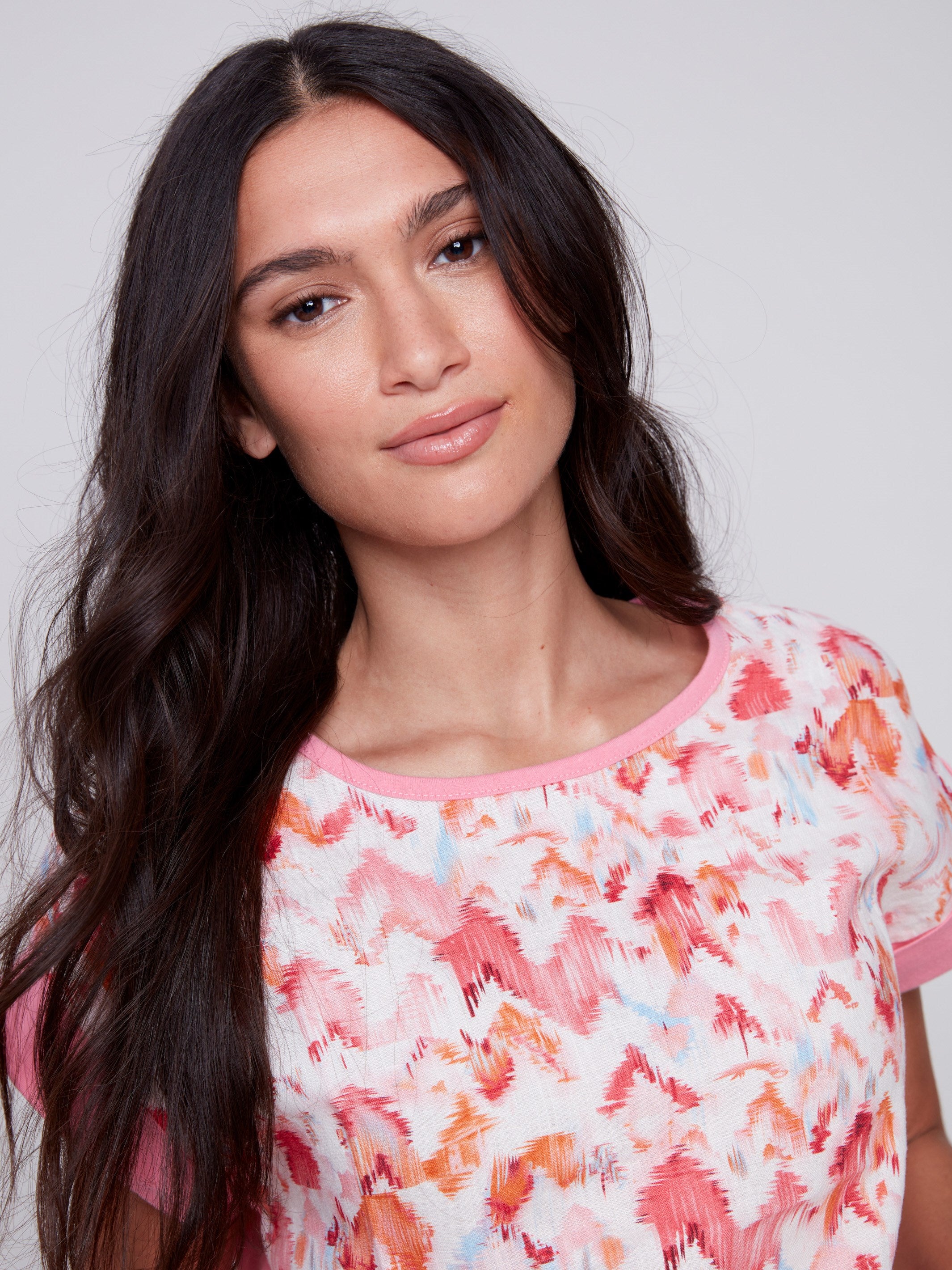 Printed Linen Top with Side Tie - Pink