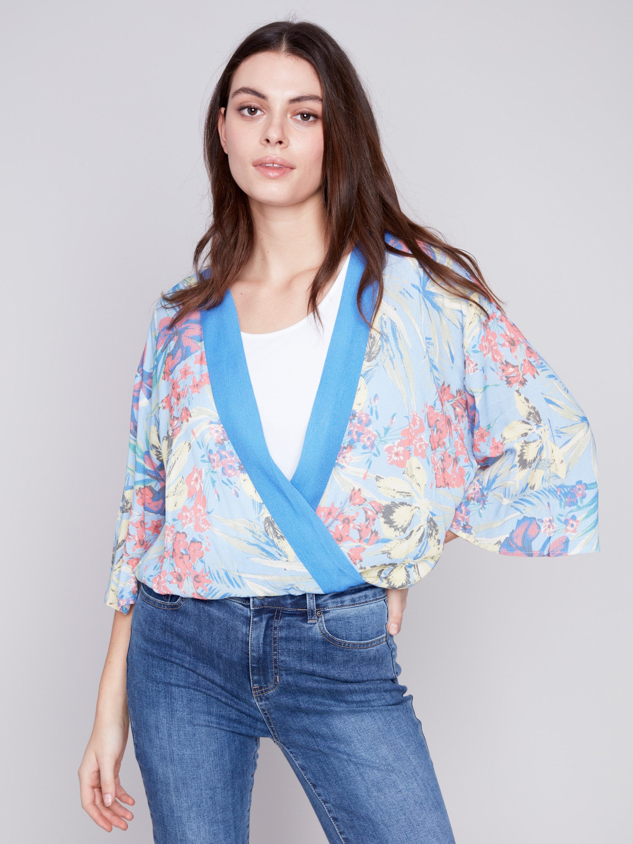 Charlie B Printed Overlap Blouse - Lillypad - Image 3