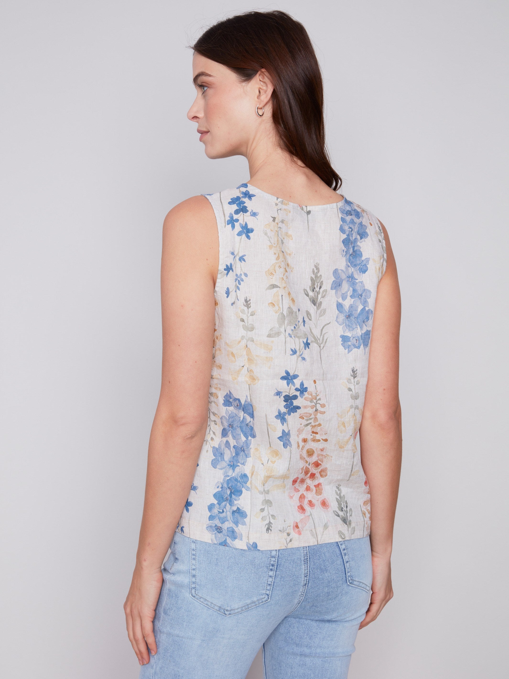 Charlie B Printed Sleeveless Linen Top with Button Detail - Garden - Image 5