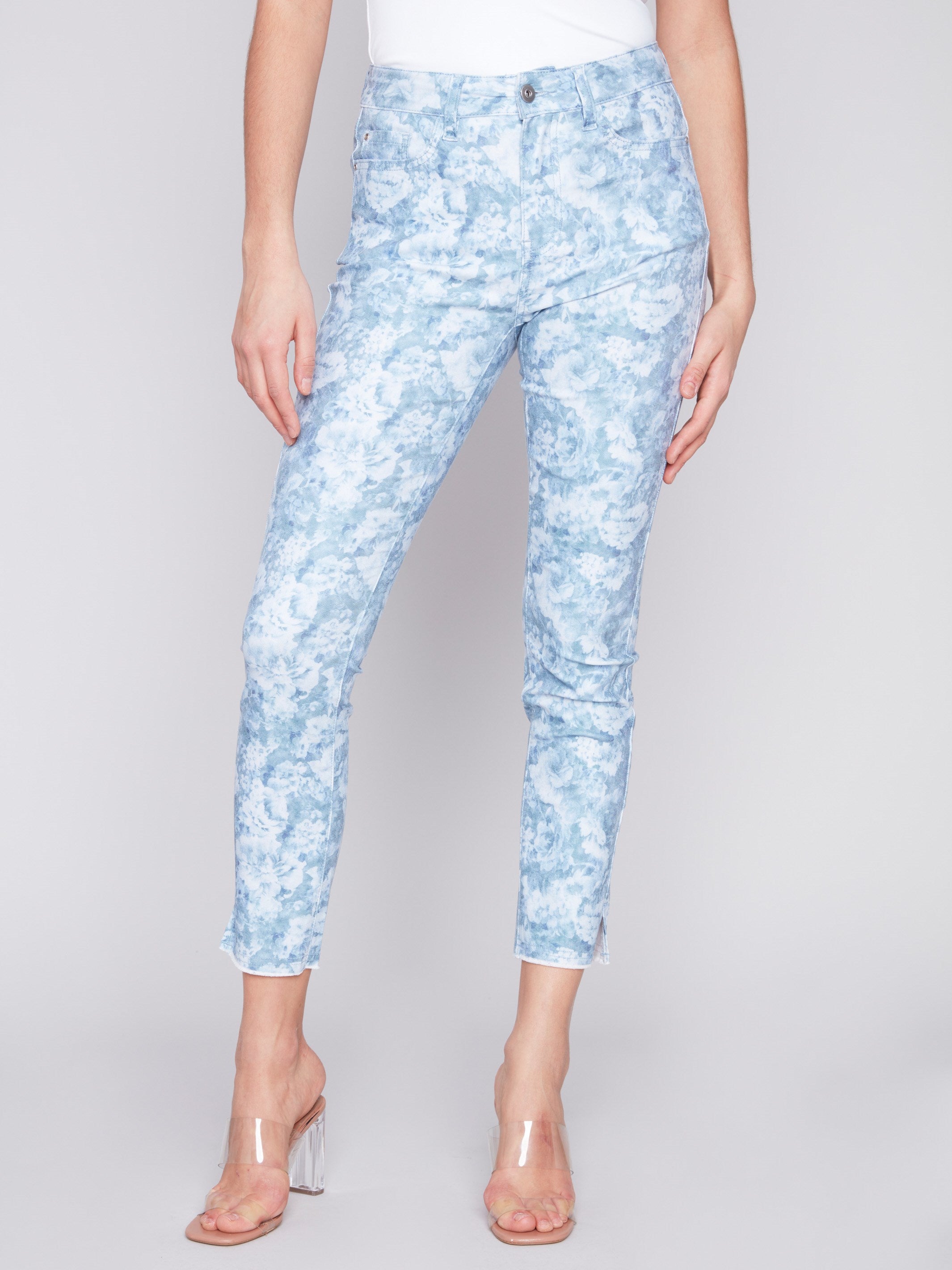 Charlie B Printed Twill Pants with Hem Slit - Blue Rose - Image 2