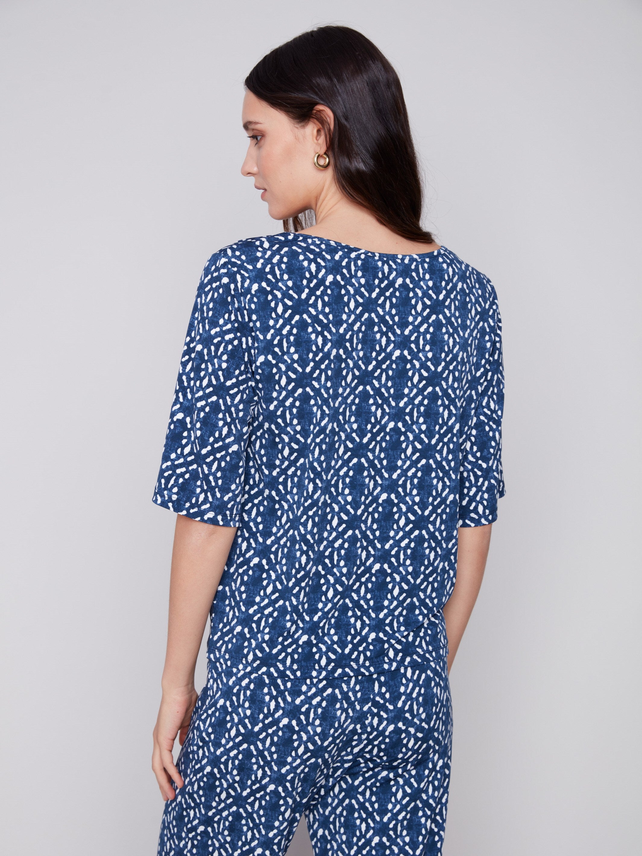 Charlie B Short-Sleeved Printed Top with Front Knot - Indigo - Image 8