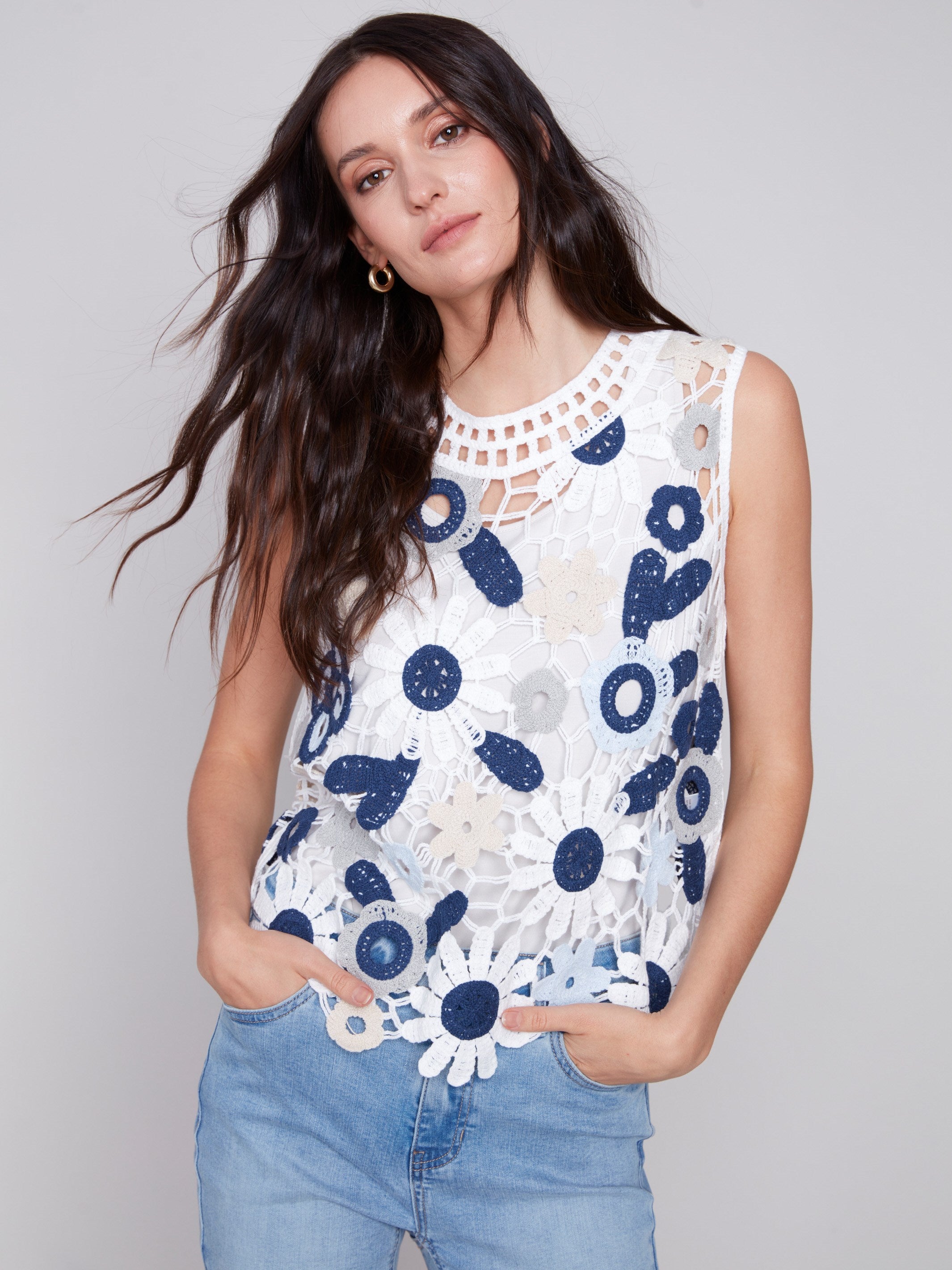 Charlie B Sleeveless Crochet Top With Floral Pattern - Celadon - Image 5