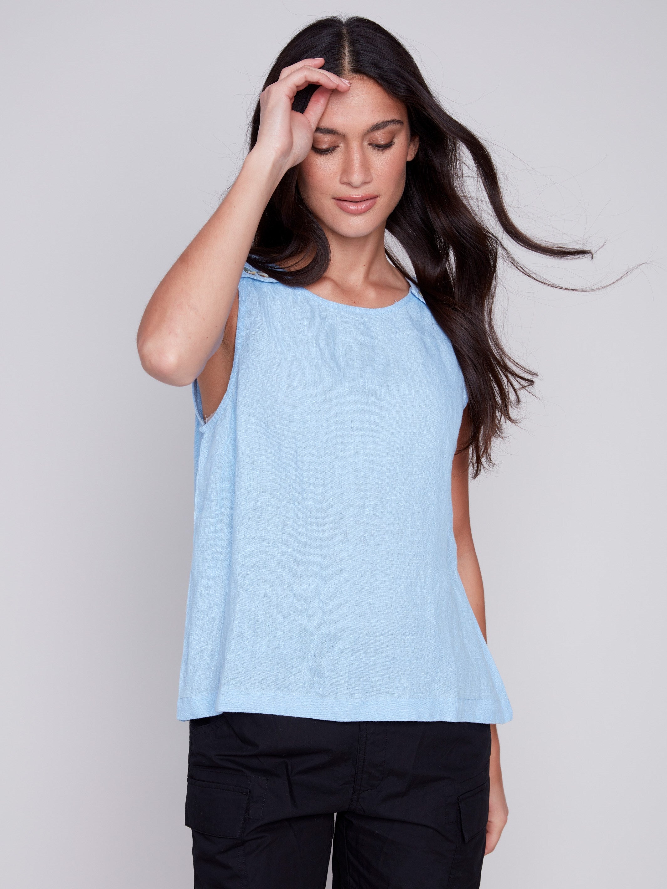 Charlie B Sleeveless Linen Top with Button Detail - Sky - Image 2