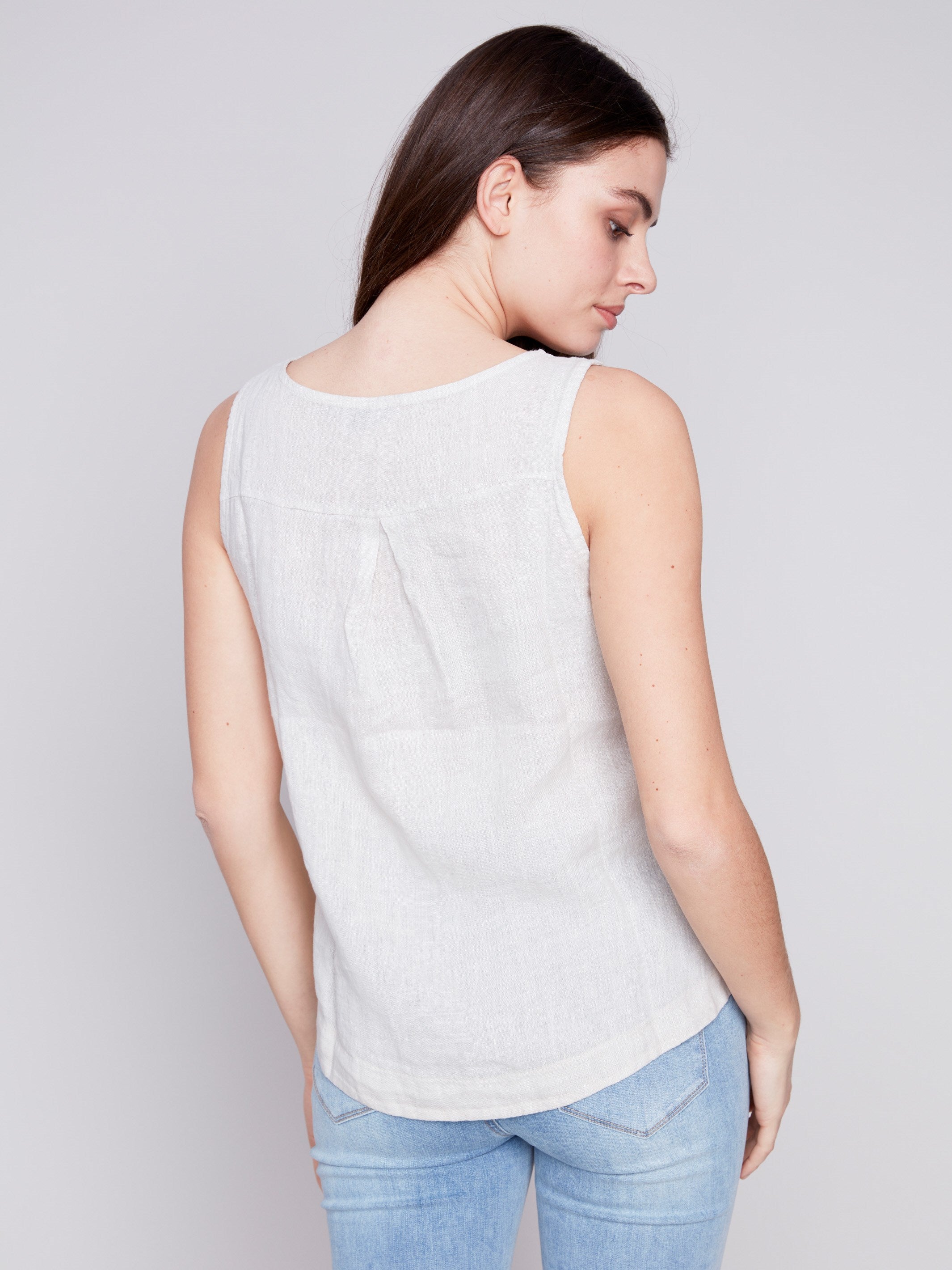 Charlie B Sleeveless Linen Top with Side Buttons - Natural - Image 4