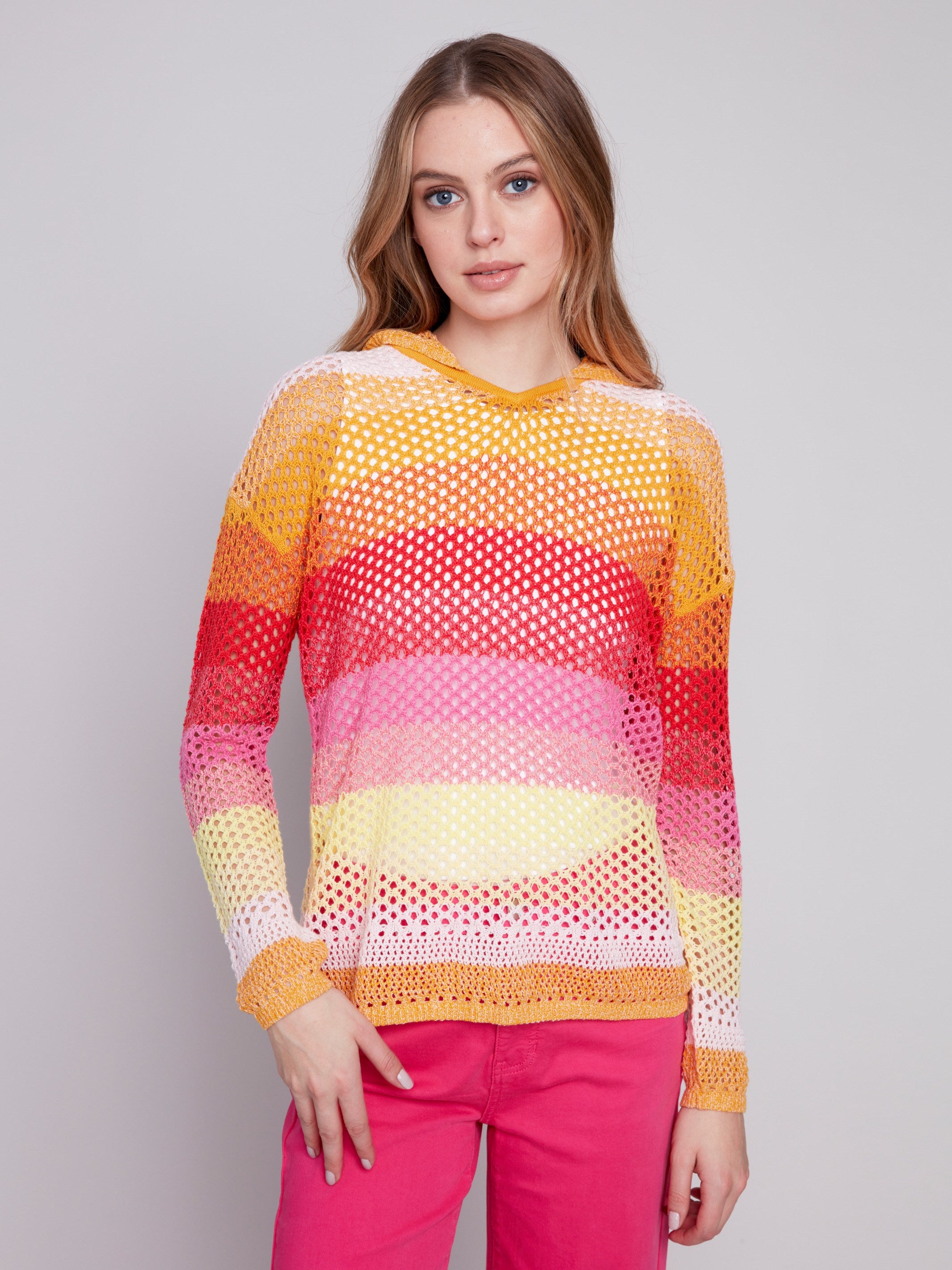 Charlie B Striped Fishnet Crochet Hoodie Sweater - Punch - Image 1