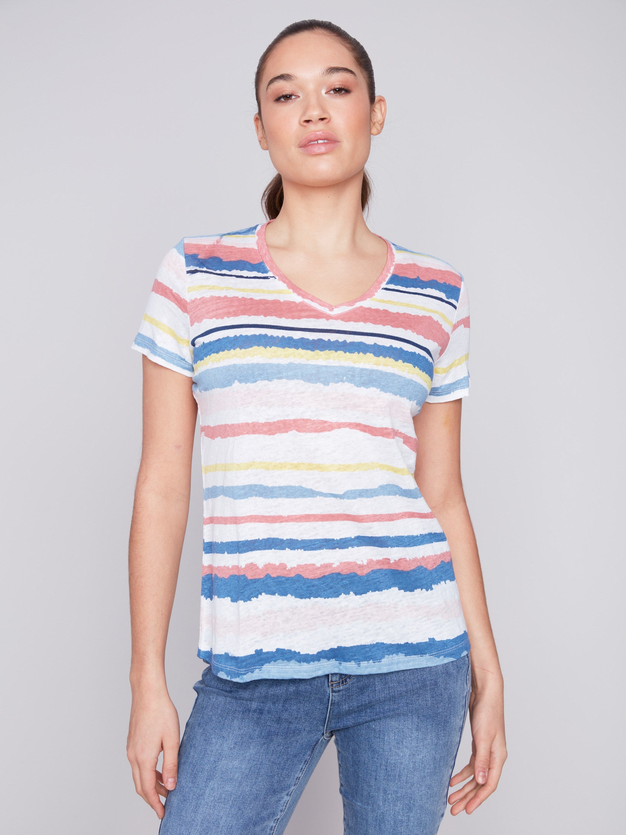 Charlie B Striped V-Neck Linen T-Shirt - Pastel - Image 1