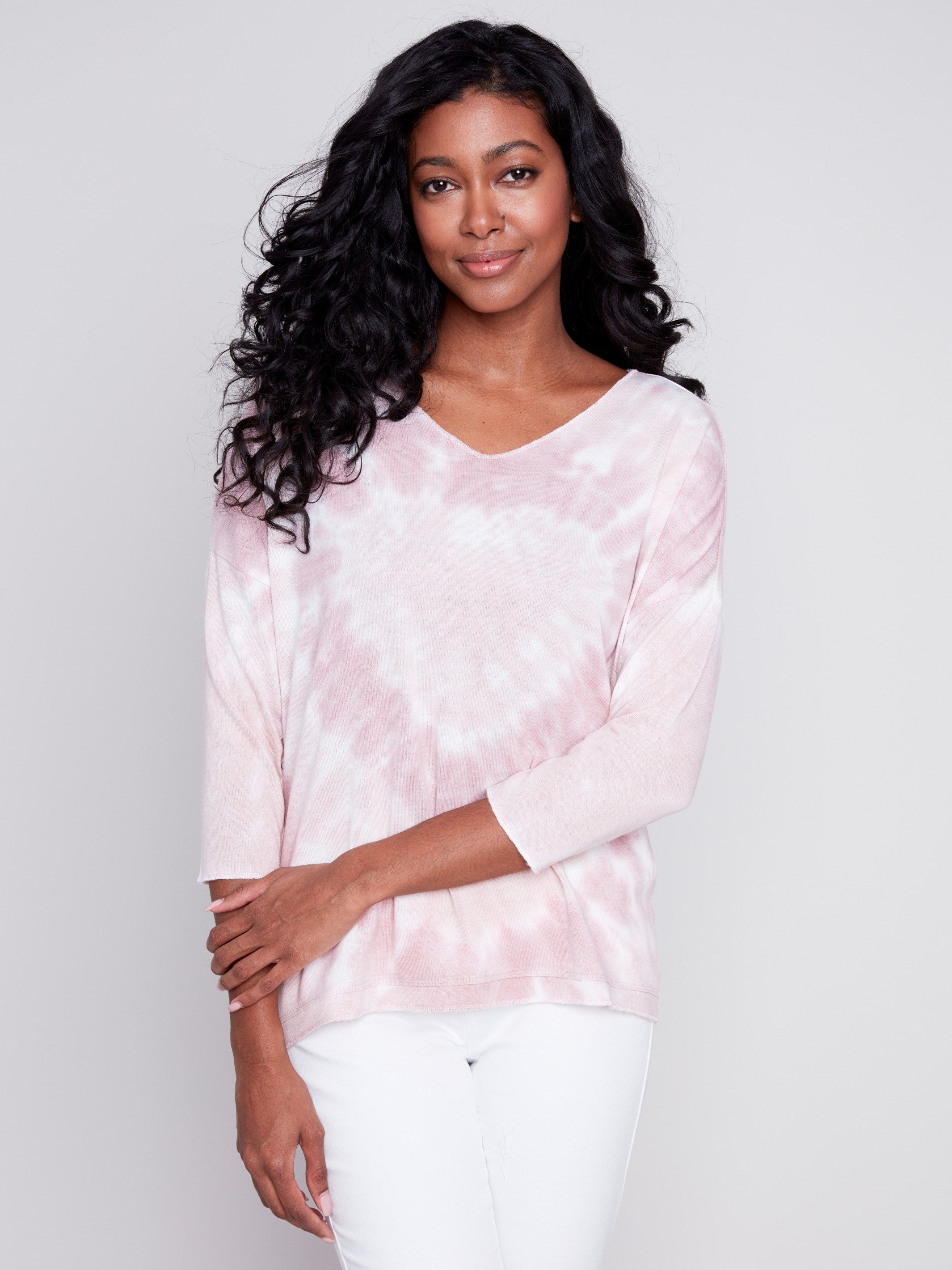 Charlie B Tie Dye V-Neck Knit Top - Dusty Rose - Image 1