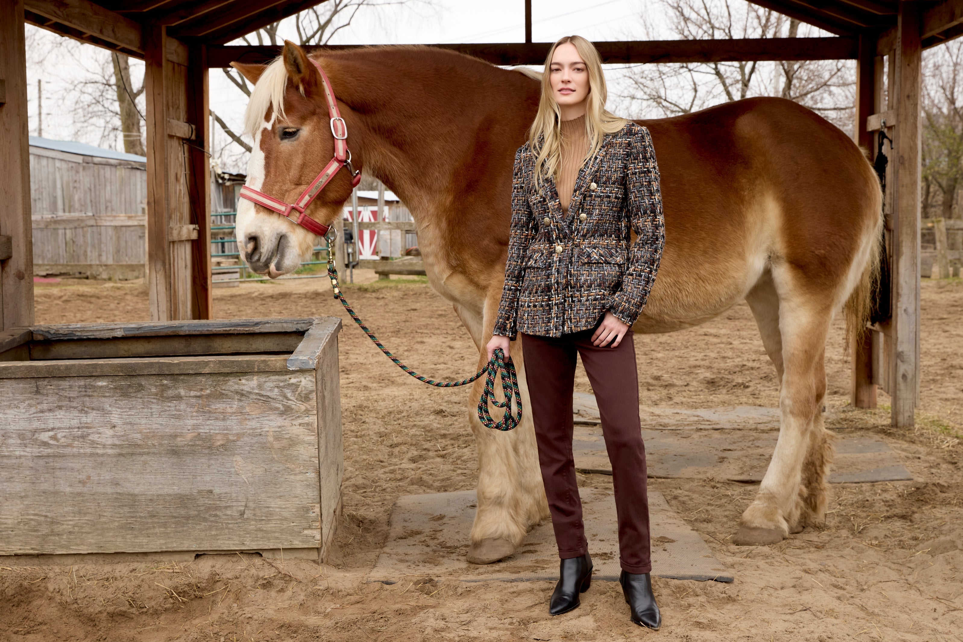 Certainly! Here’s the revised alt text incorporating **“tailored blazer”**:  **Alt text:** *Woman standing beside a large brown horse in a stable, wearing a tailored patterned blazer, brown pants, black ankle boots.