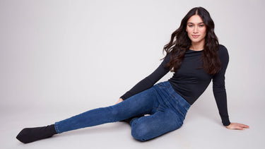 Women wearing skinny pull-on pants