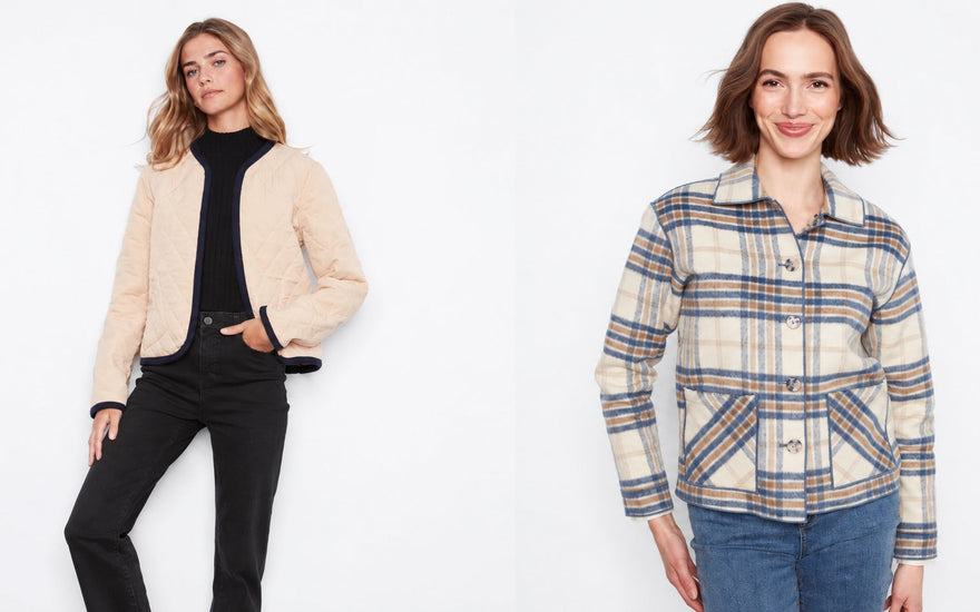 A quilted cream jacket and a plaid jacket shown side by side for comparison 