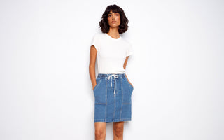 Charlie B Soft Blue Denim Skort With Drawstring and Patch Pockets, the answer to skort vs shorts for summer