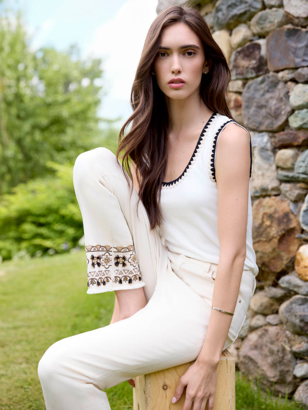 Knit Tank Top With Crochet Detail - Ecru