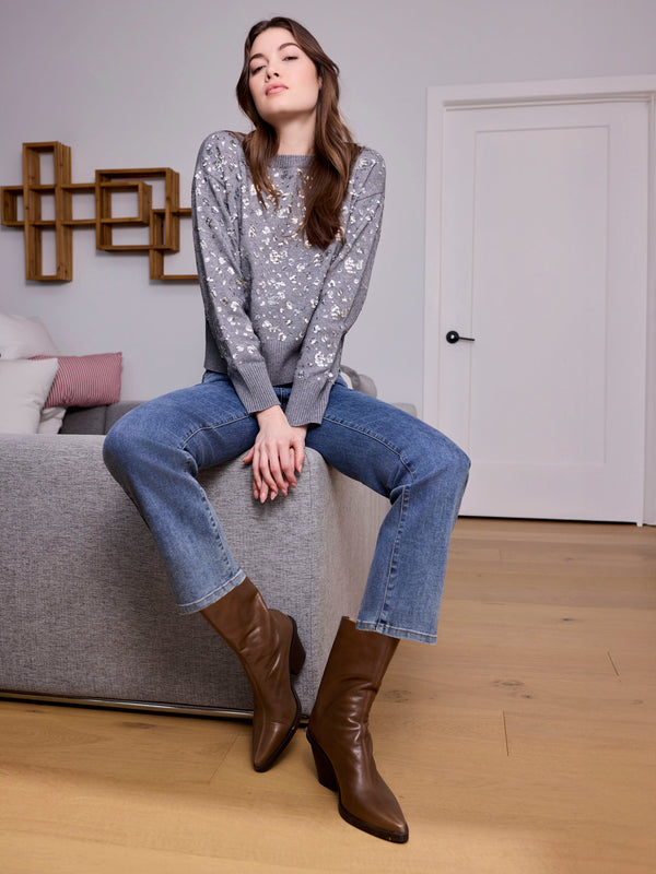 Sequined Crew Neck Sweater - Dark Heather Grey