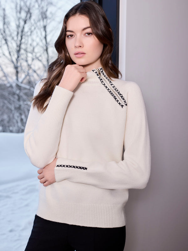 Plush Sweater With Heart Stitch And Zipper Detail - Ecru
