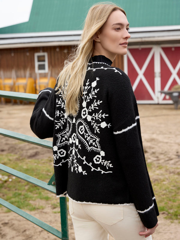 Embroidered Ribbed Sweater with Notch Neck - Black