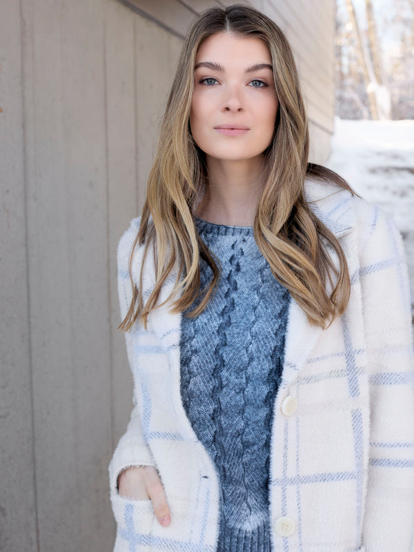 Long Plaid Knit Coatigan - Ivory