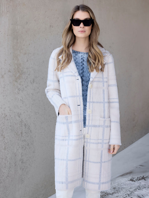 Long Plaid Knit Coatigan - Ivory