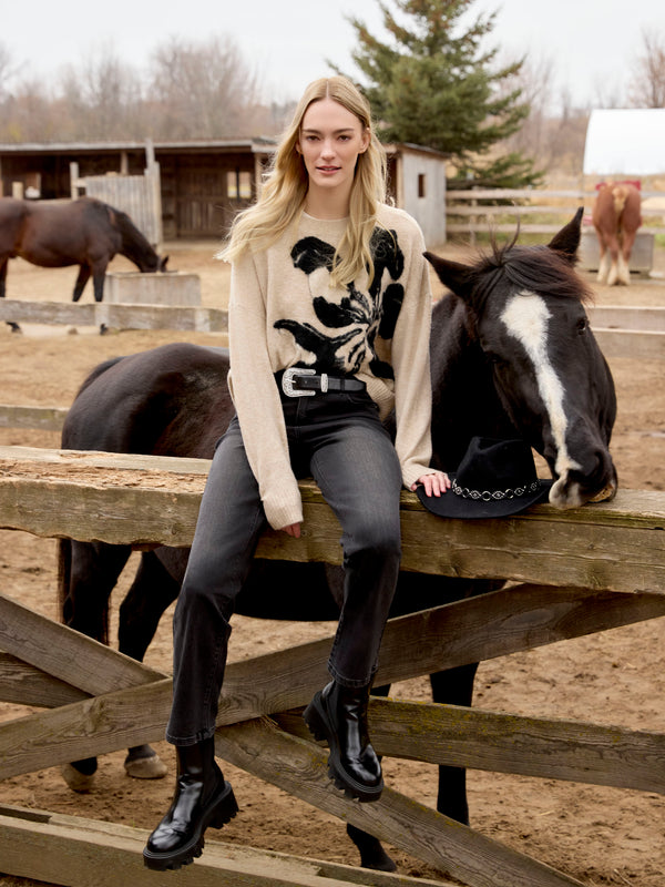 Charming beige crew neck with an artistic flower design, offering both comfort and style by Charlie B.