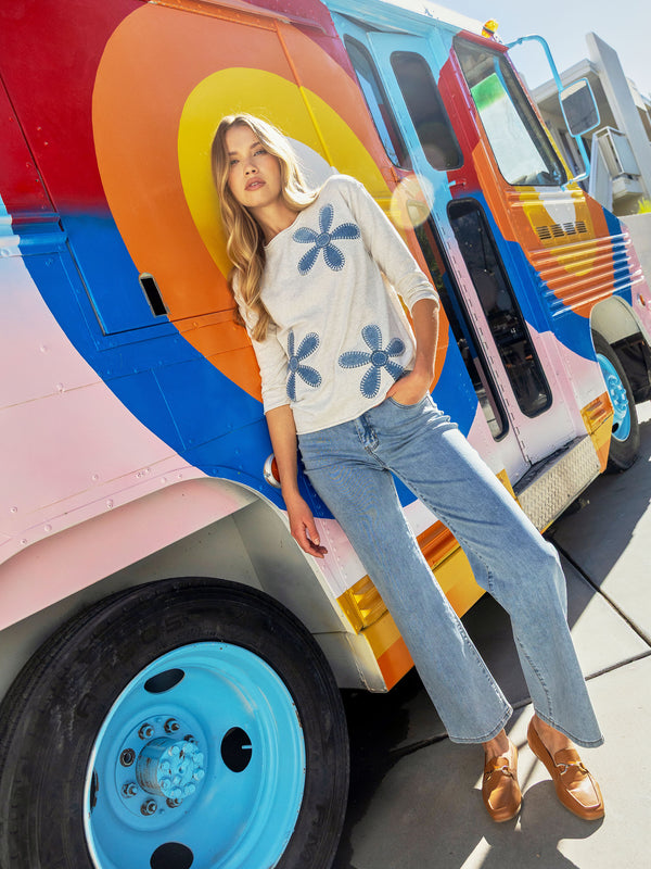 Floral Denim Patch Sweater - Heather Oat