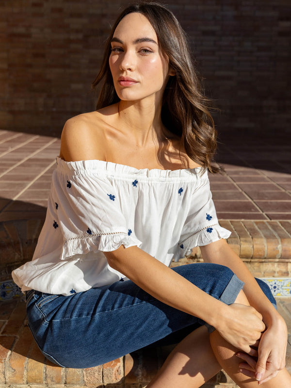 Embroidered Short Sleeve Off-Shoulder Blouse - White