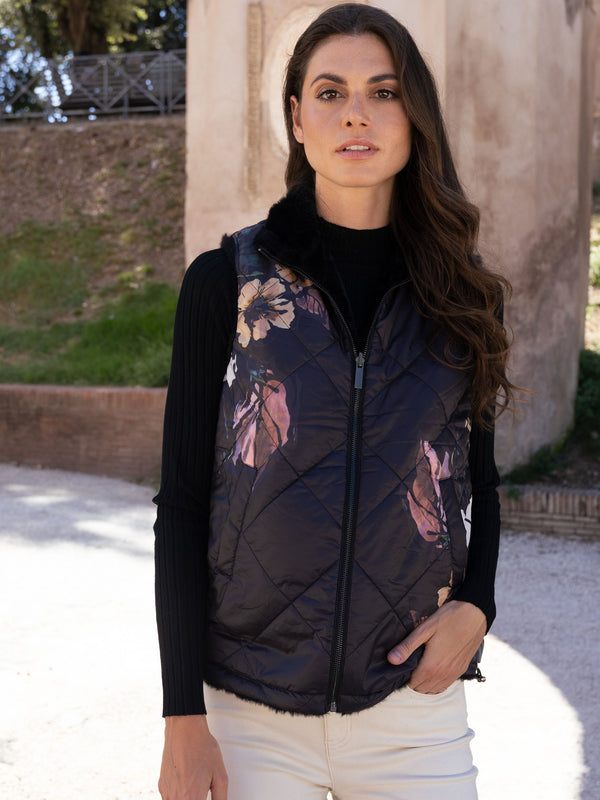 Printed Reversible Quilted Faux Fur Vest - Black
