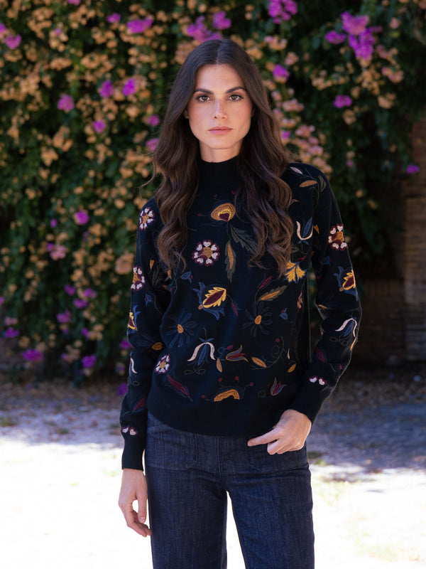 Embroidered Mock Neck Sweater - Black