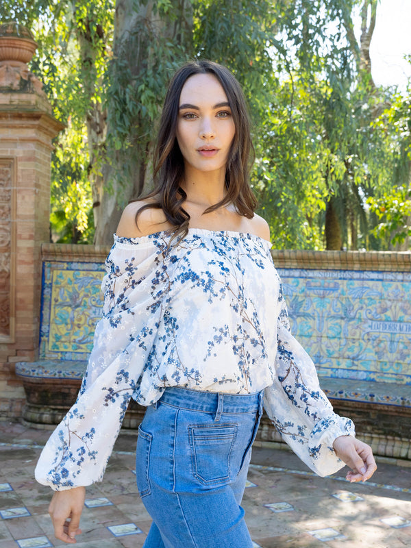 Printed Eyelet Off-Shoulder Blouse - Blossom