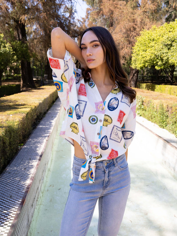 Printed Linen Blend Front-Tie Blouse - Postcard