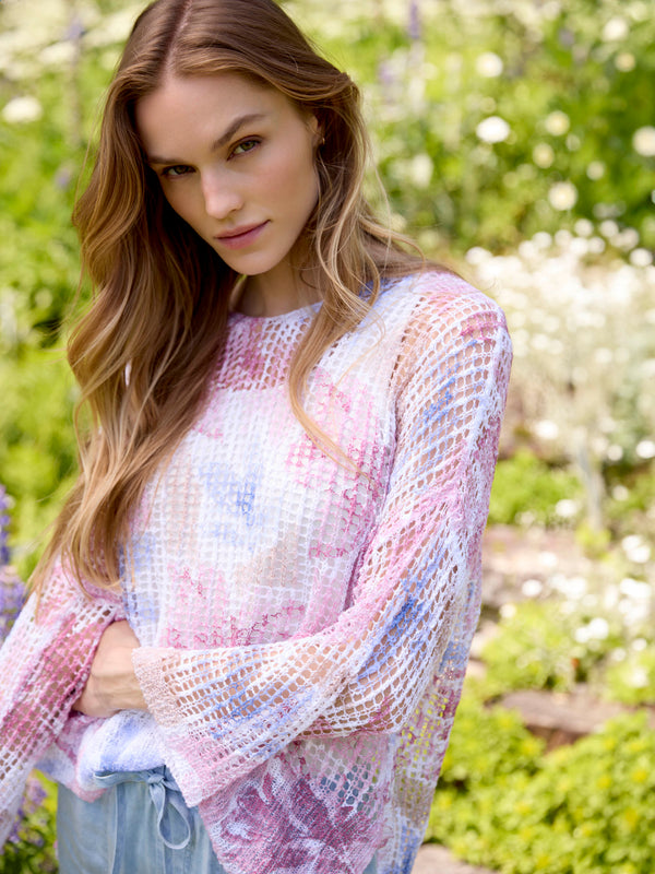 Printed Fishnet Crochet Sweater - Flowery