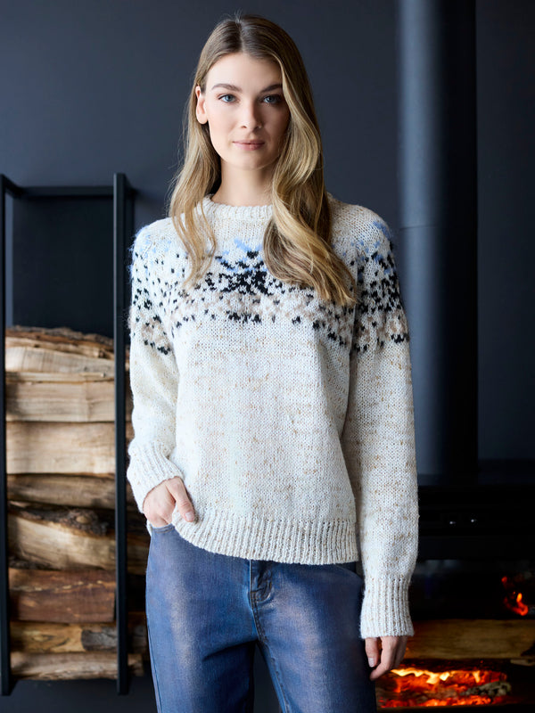 Cozy ecru crew neck sweater featuring a detailed jacquard pattern for added elegance by Charlie B.