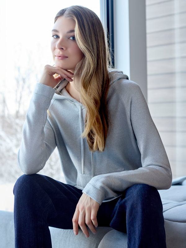 Metallic Knit Hoodie Sweater - Silver