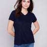 Charlie B V-Neck Linen T-Shirt - Navy - Image 1