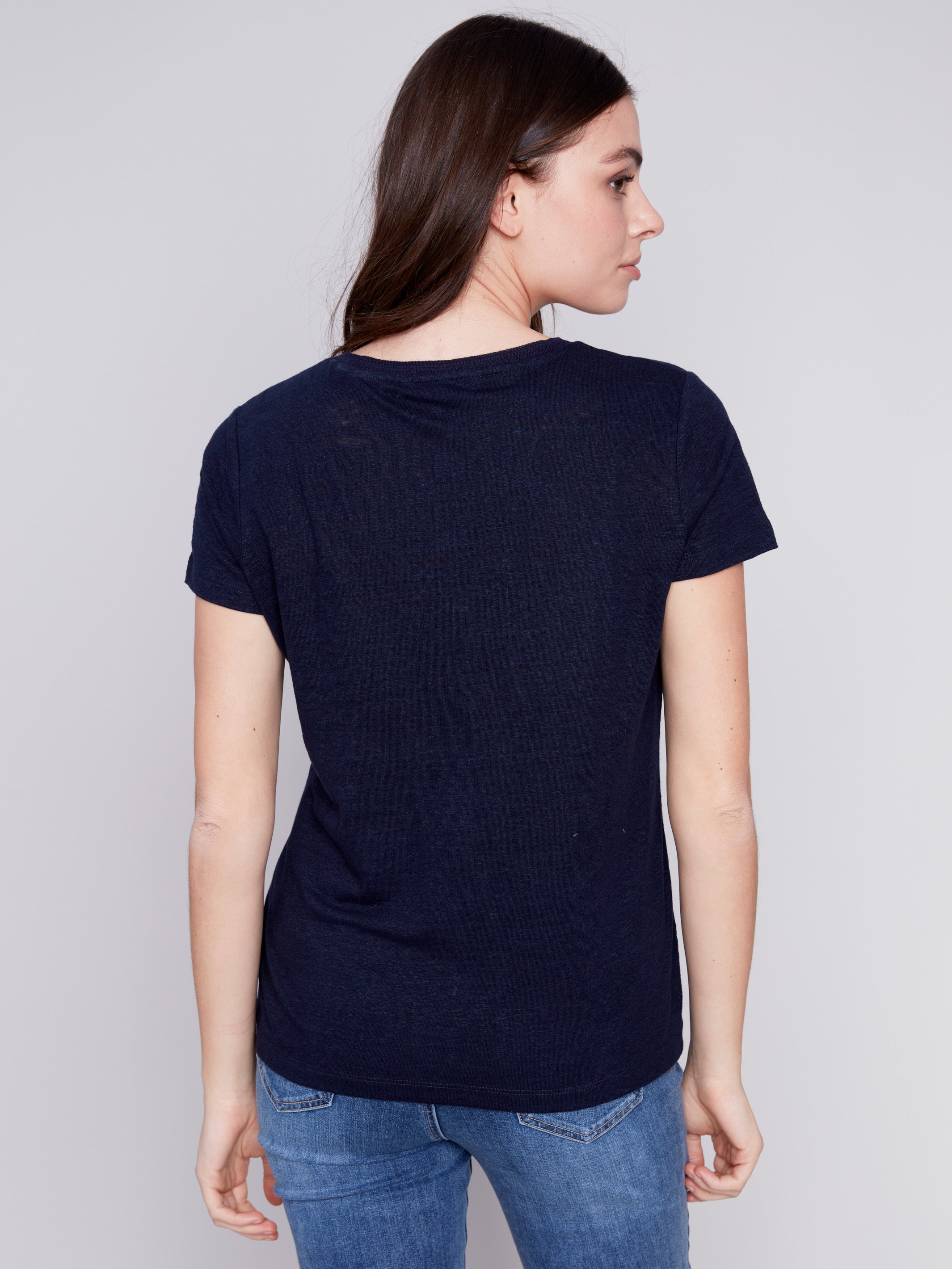 Charlie B V-Neck Linen T-Shirt - Navy - Image 2