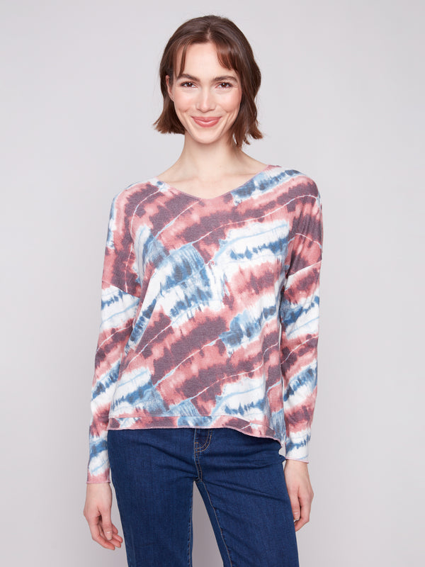 Printed V-neck Knit Top - Dreamy Pink