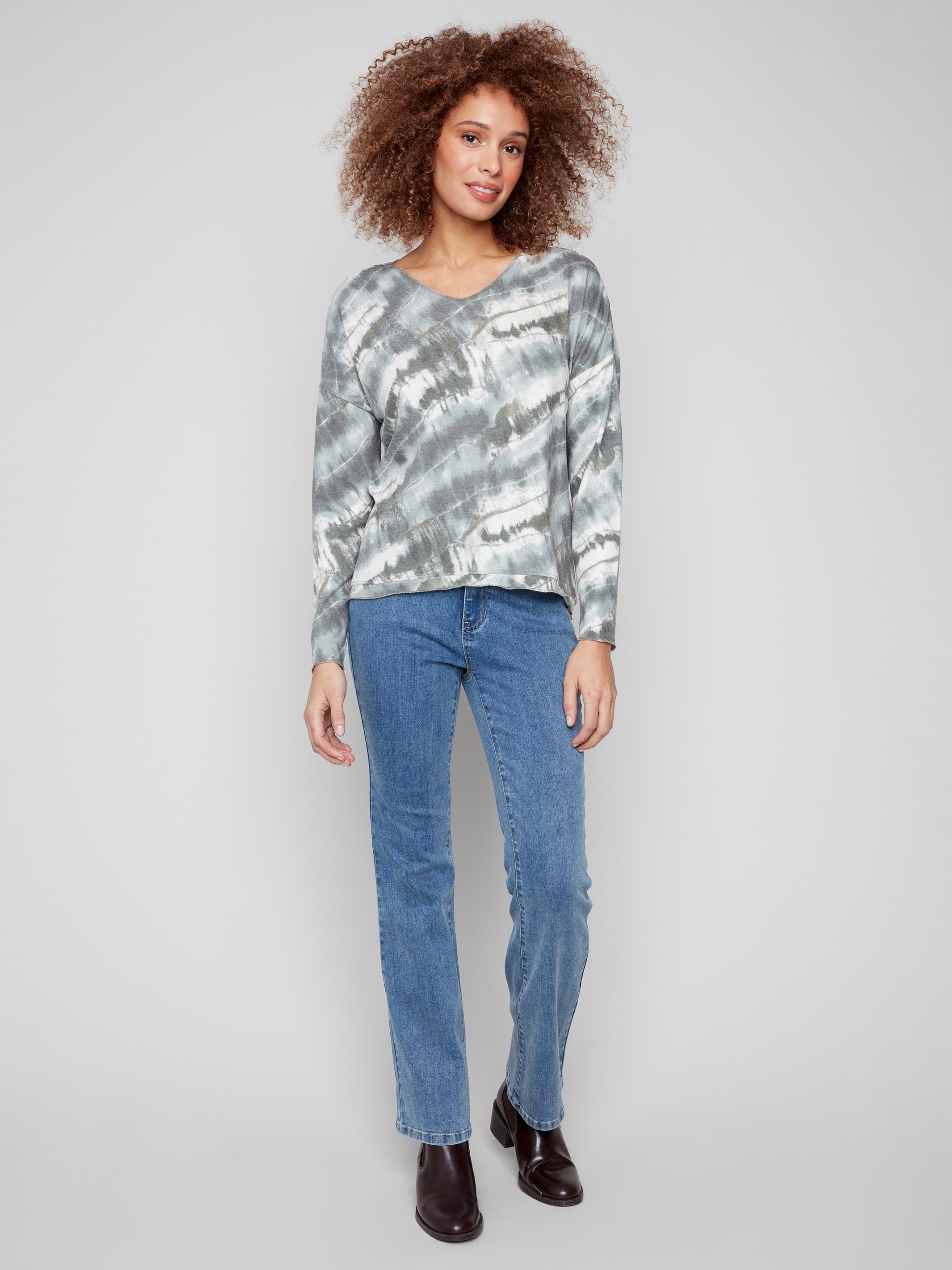 Elegant knit top with long sleeves and a stylish spruce tie-dye pattern by Charlie B.