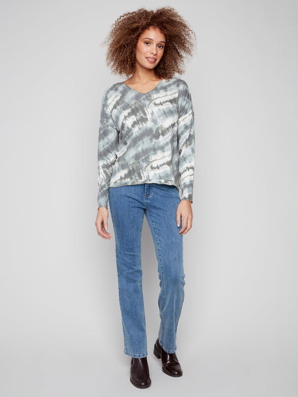 Elegant knit top with long sleeves and a stylish spruce tie-dye pattern by Charlie B.