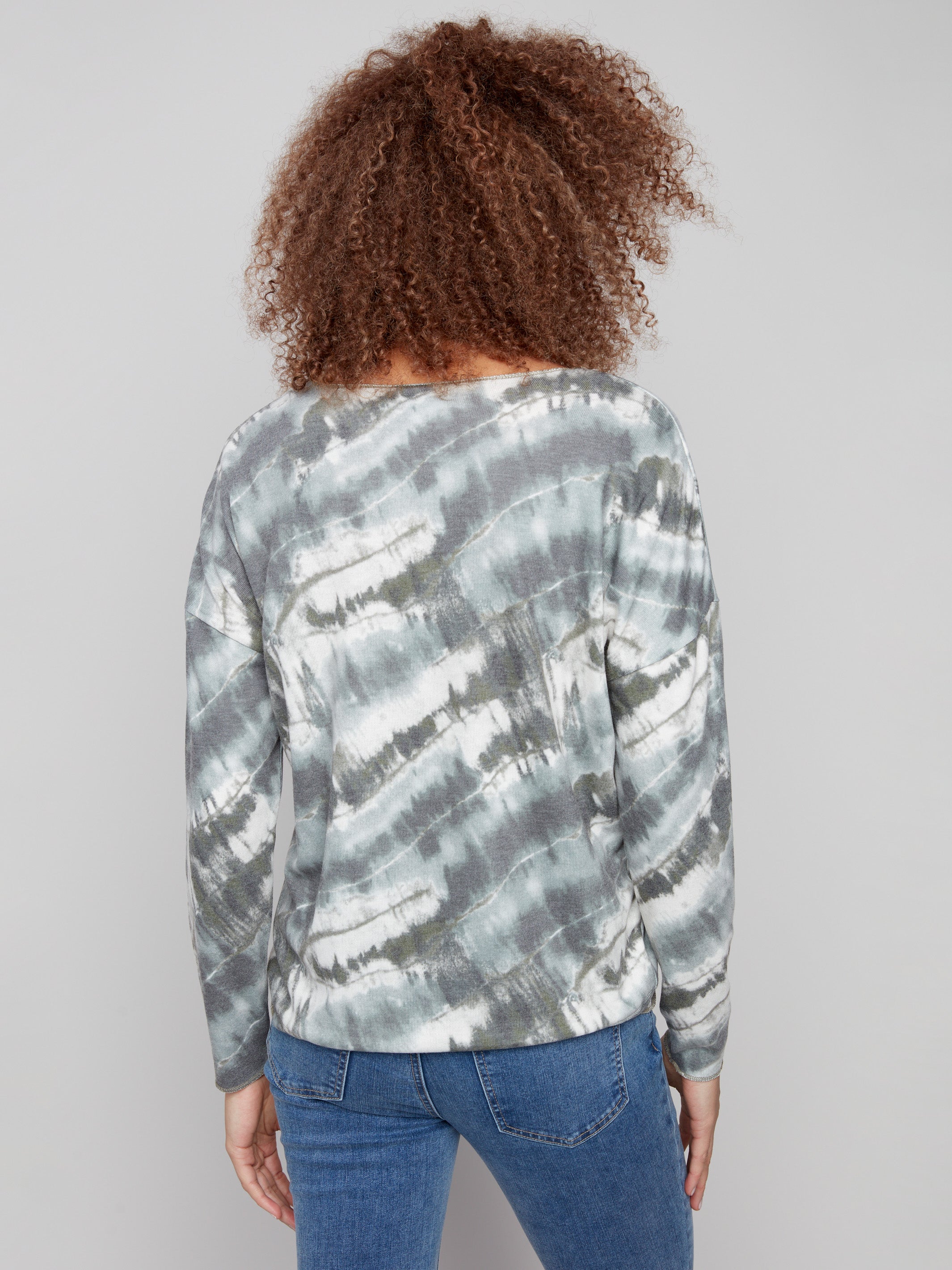 Sophisticated spruce tie-dye top crafted with drop shoulders for added style by Charlie B.