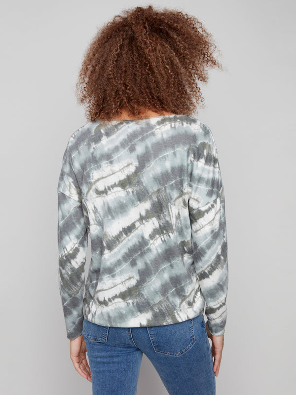 Sophisticated spruce tie-dye top crafted with drop shoulders for added style by Charlie B.
